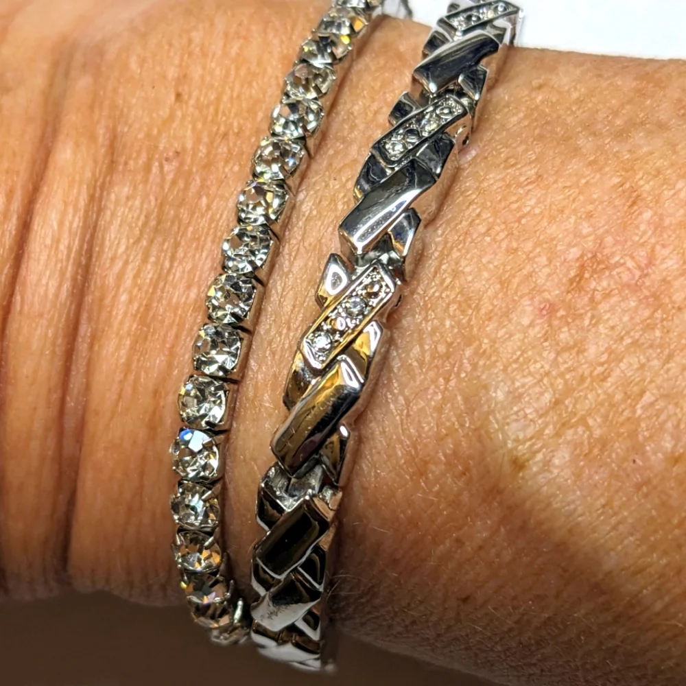 Silver-Tone‎ Rhinestone Bracelet Stretch & Metal Rhinestone Bracelet Set
